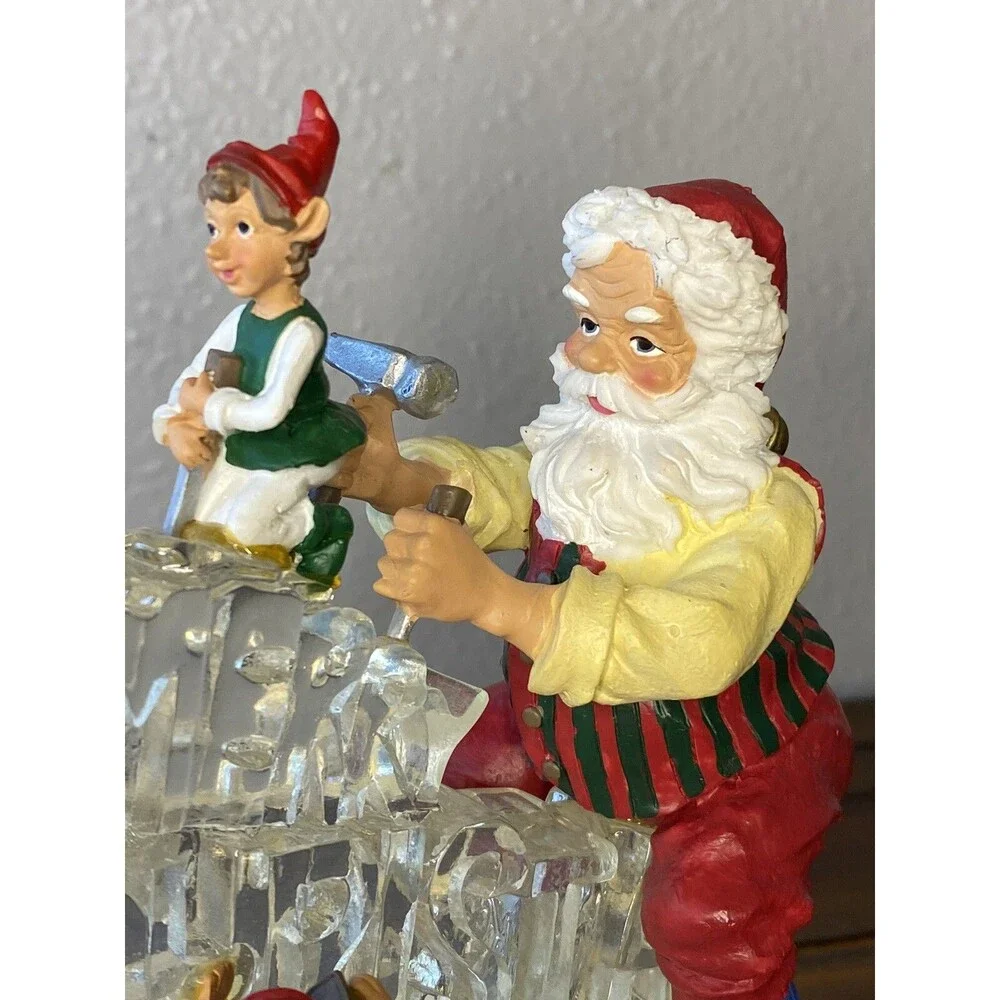Vintage Santa Claus Elves Musical Lighted MERRY CHRISTMAS Ice Carving 7.5” Gift